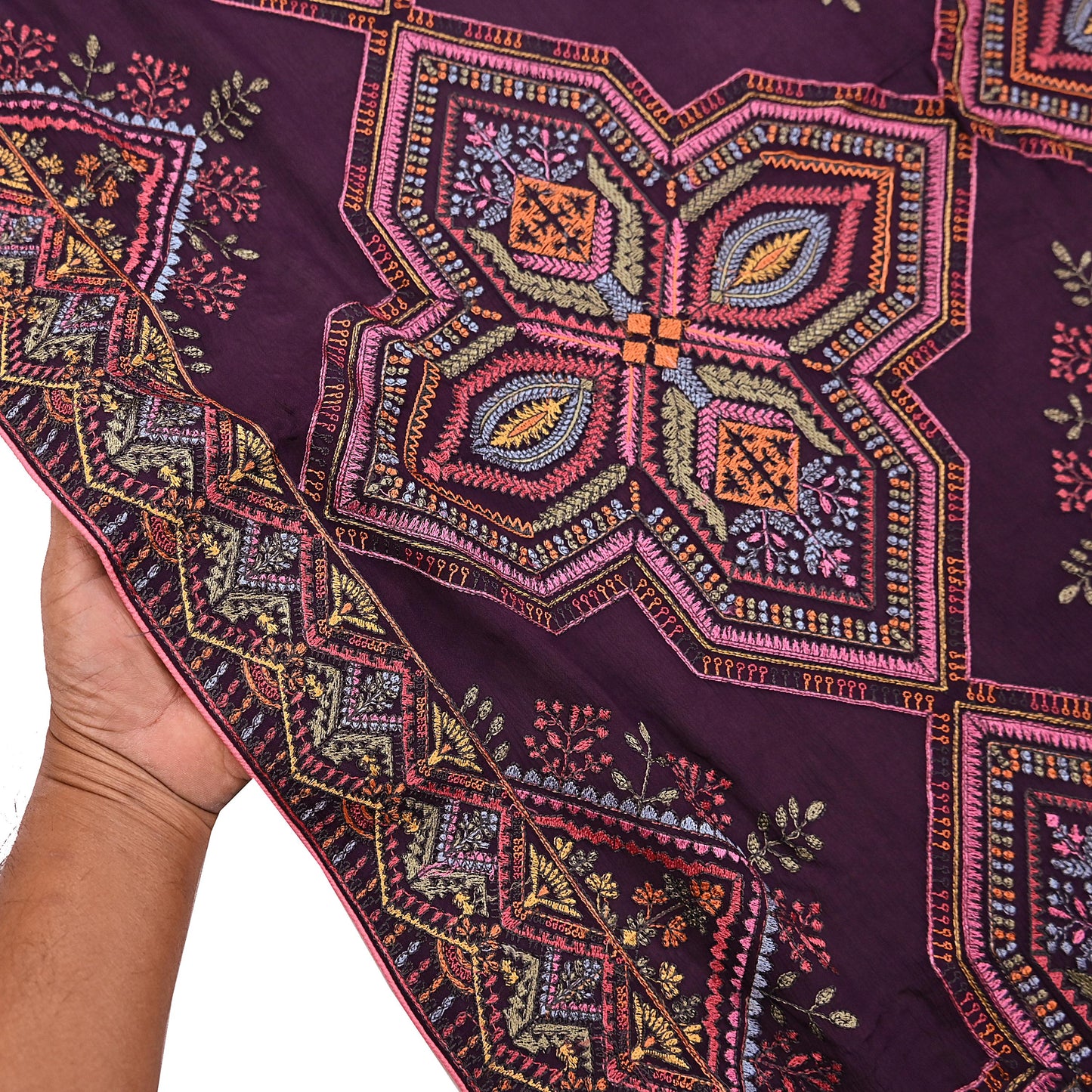 Indian Vintage Dark Maroon Dupatta Long Stole Blend silk Embroidered Scarves Veil Scarf Wrap Hippie Boho Soft Floral