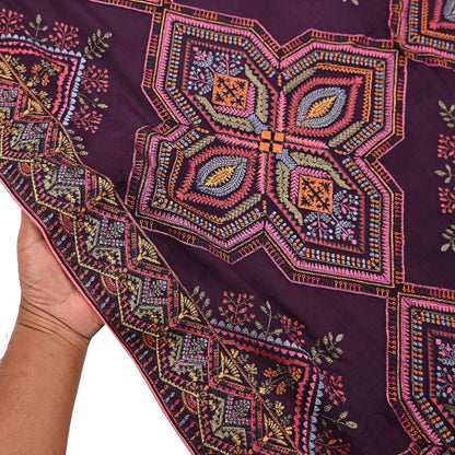 Indian Vintage Dark Maroon Dupatta Long Stole Blend silk Embroidered Scarves Veil Scarf Wrap Hippie Boho Soft Floral