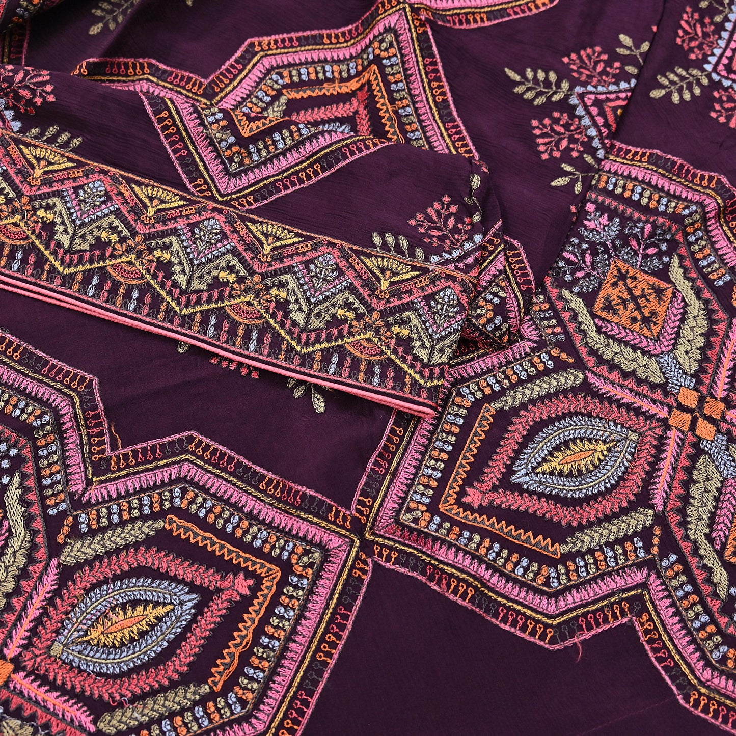 Indian Vintage Dark Maroon Dupatta Long Stole Blend silk Embroidered Scarves Veil Scarf Wrap Hippie Boho Soft Floral