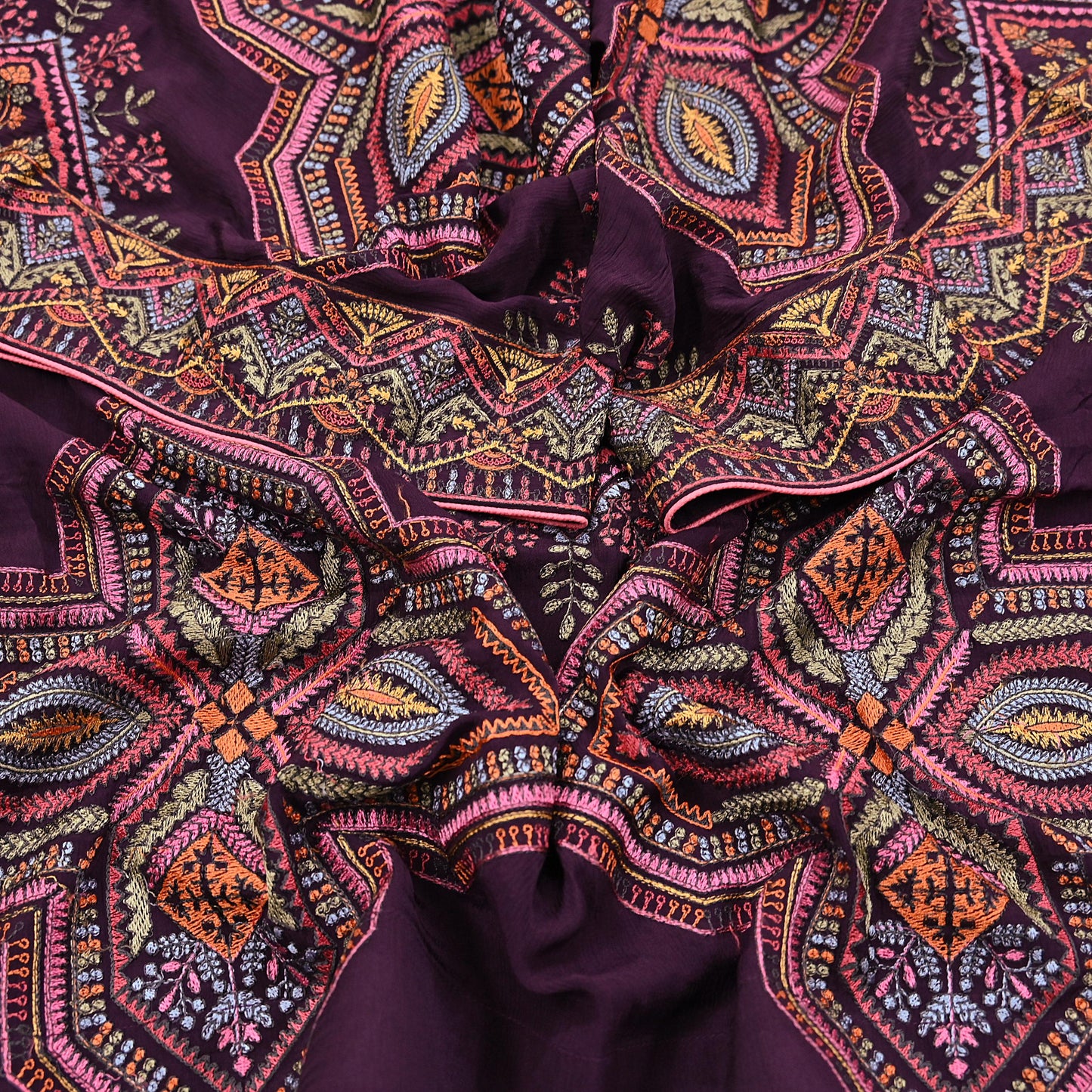 Indian Vintage Dark Maroon Dupatta Long Stole Blend silk Embroidered Scarves Veil Scarf Wrap Hippie Boho Soft Floral