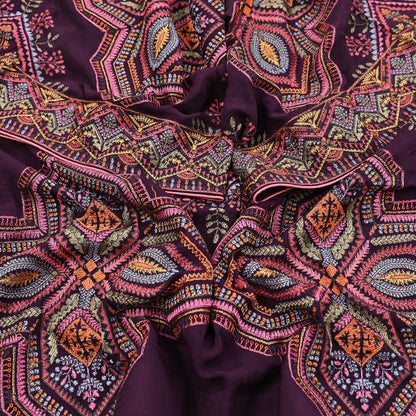 Indian Vintage Dark Maroon Dupatta Long Stole Blend silk Embroidered Scarves Veil Scarf Wrap Hippie Boho Soft Floral