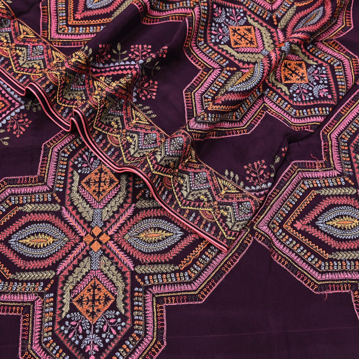 Indian Vintage Dark Maroon Dupatta Long Stole Blend silk Embroidered Scarves Veil Scarf Wrap Hippie Boho Soft Floral