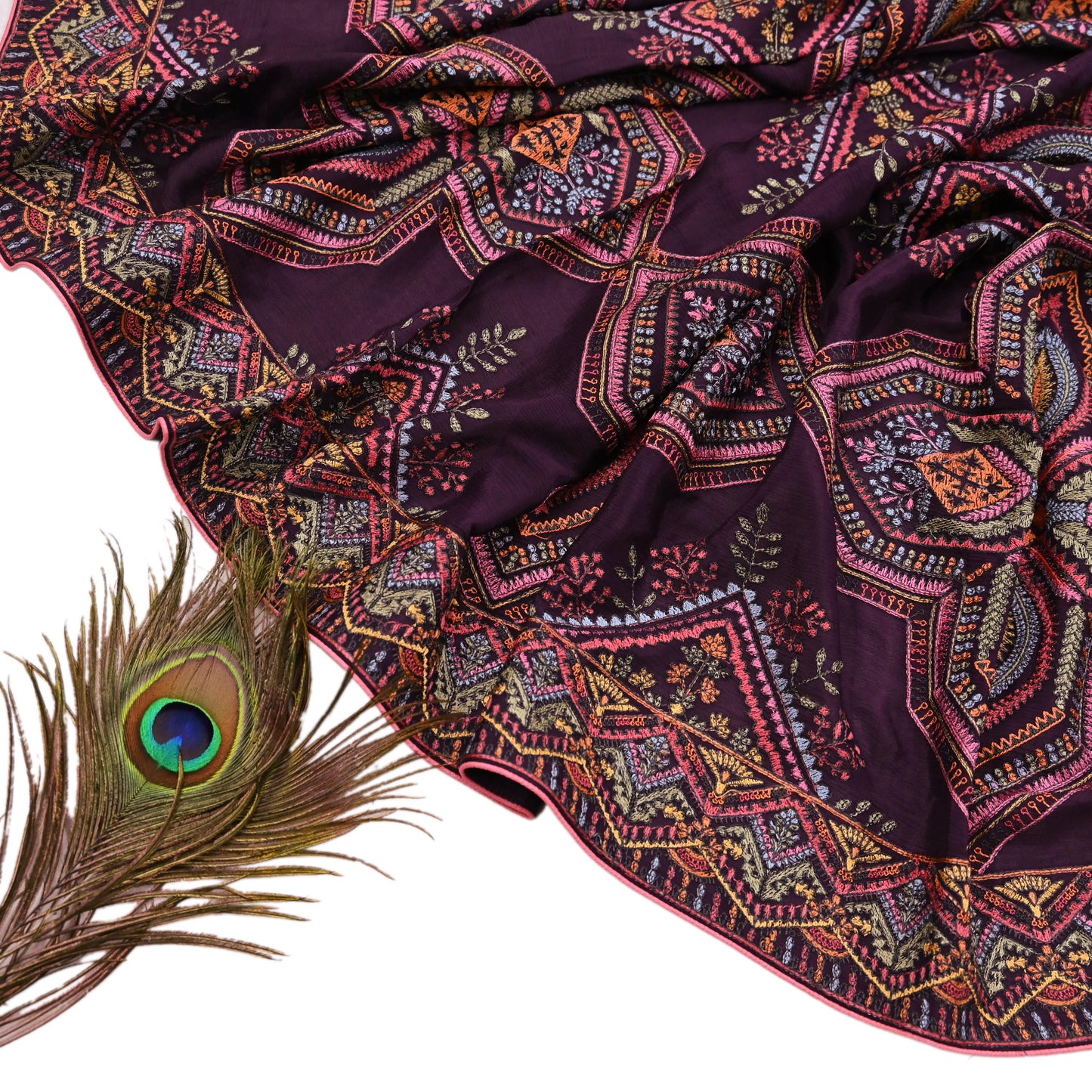 Indian Vintage Dark Maroon Dupatta Long Stole Blend silk Embroidered Scarves Veil Scarf Wrap Hippie Boho Soft Floral