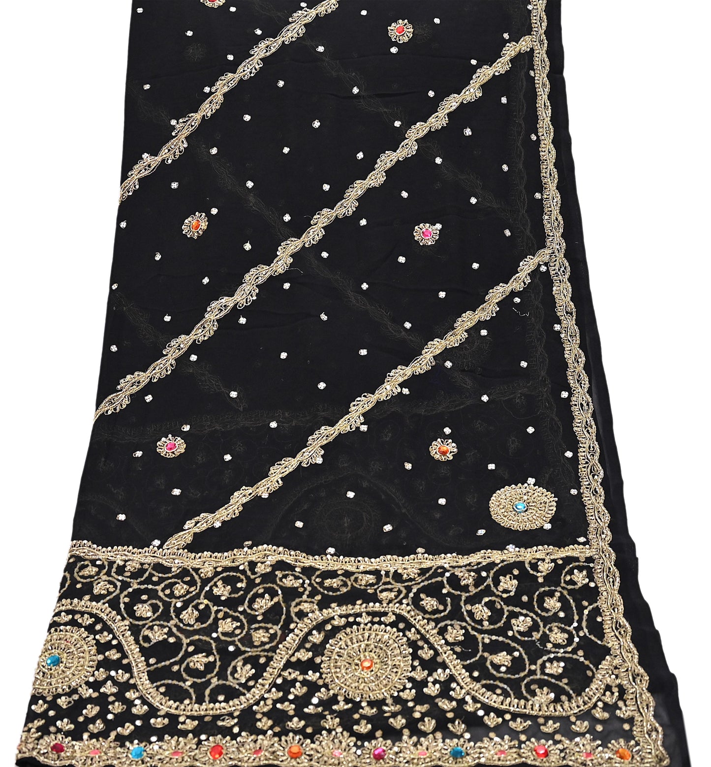 Indian Vintage Heavy Bridal Black Dupatta Pure Georgette Silk Long Stole Hand Embroidered Scarf Zardozi/Dabka Wedding red Hijab veil