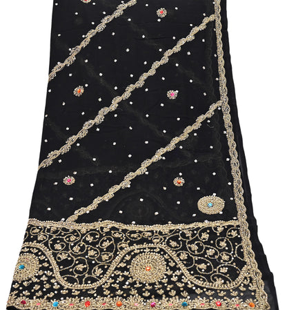 Indian Vintage Heavy Bridal Black Dupatta Pure Georgette Silk Long Stole Hand Embroidered Scarf Zardozi/Dabka Wedding red Hijab veil