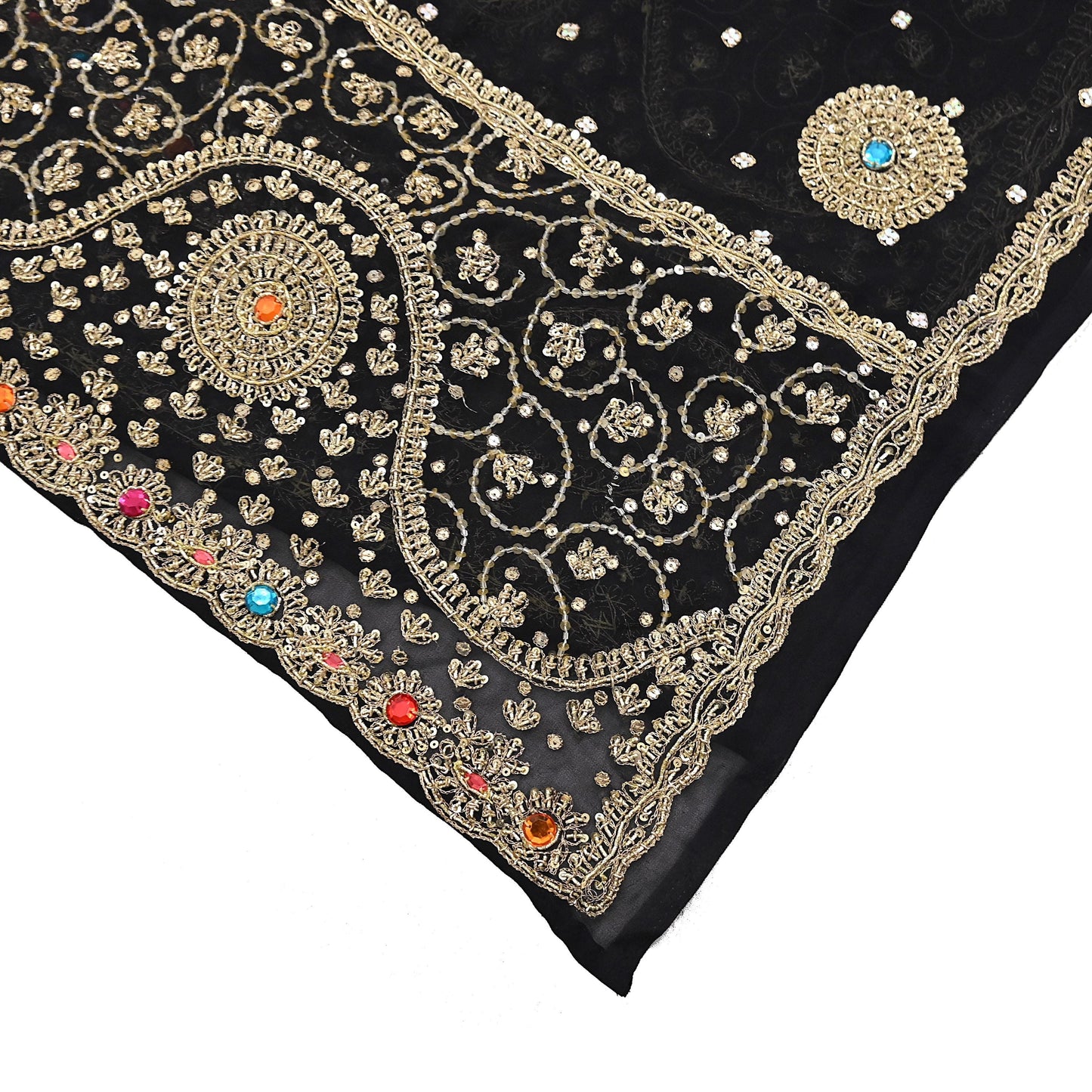 Indian Vintage Heavy Bridal Black Dupatta Pure Georgette Silk Long Stole Hand Embroidered Scarf Zardozi/Dabka Wedding red Hijab veil