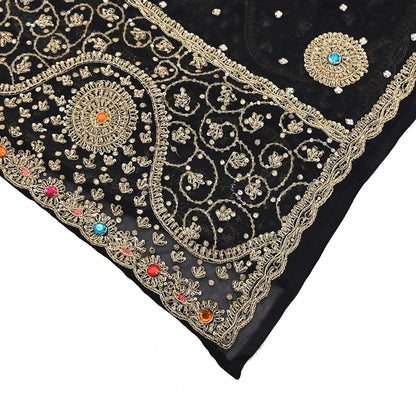 Indian Vintage Heavy Bridal Black Dupatta Pure Georgette Silk Long Stole Hand Embroidered Scarf Zardozi/Dabka Wedding red Hijab veil