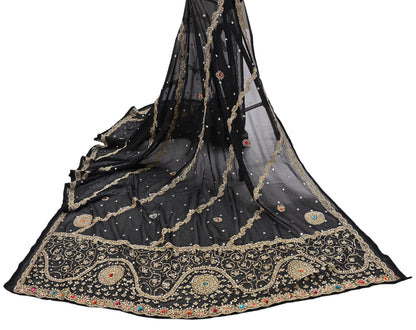 Indian Vintage Heavy Bridal Black Dupatta Pure Georgette Silk Long Stole Hand Embroidered Scarf Zardozi/Dabka Wedding red Hijab veil