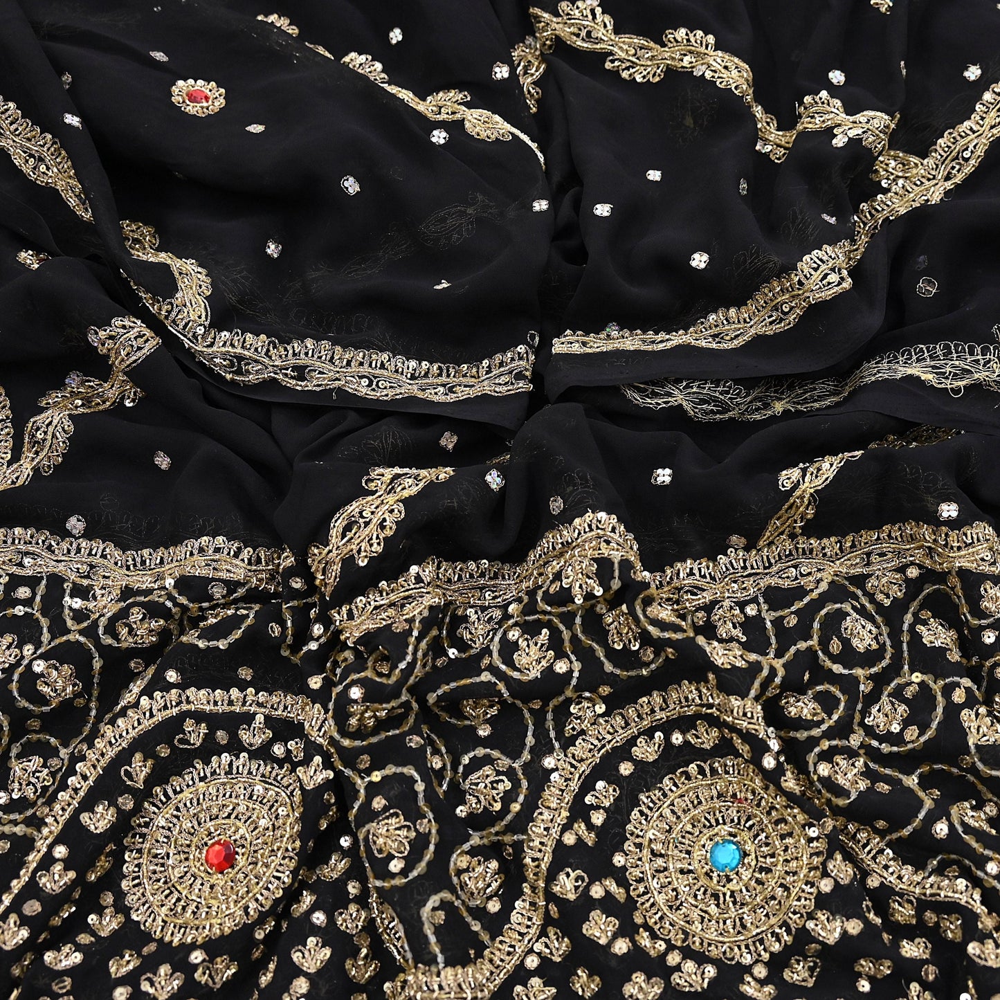 Indian Vintage Heavy Bridal Black Dupatta Pure Georgette Silk Long Stole Hand Embroidered Scarf Zardozi/Dabka Wedding red Hijab veil