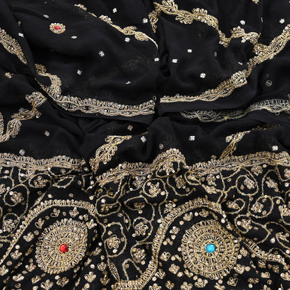 Indian Vintage Heavy Bridal Black Dupatta Pure Georgette Silk Long Stole Hand Embroidered Scarf Zardozi/Dabka Wedding red Hijab veil