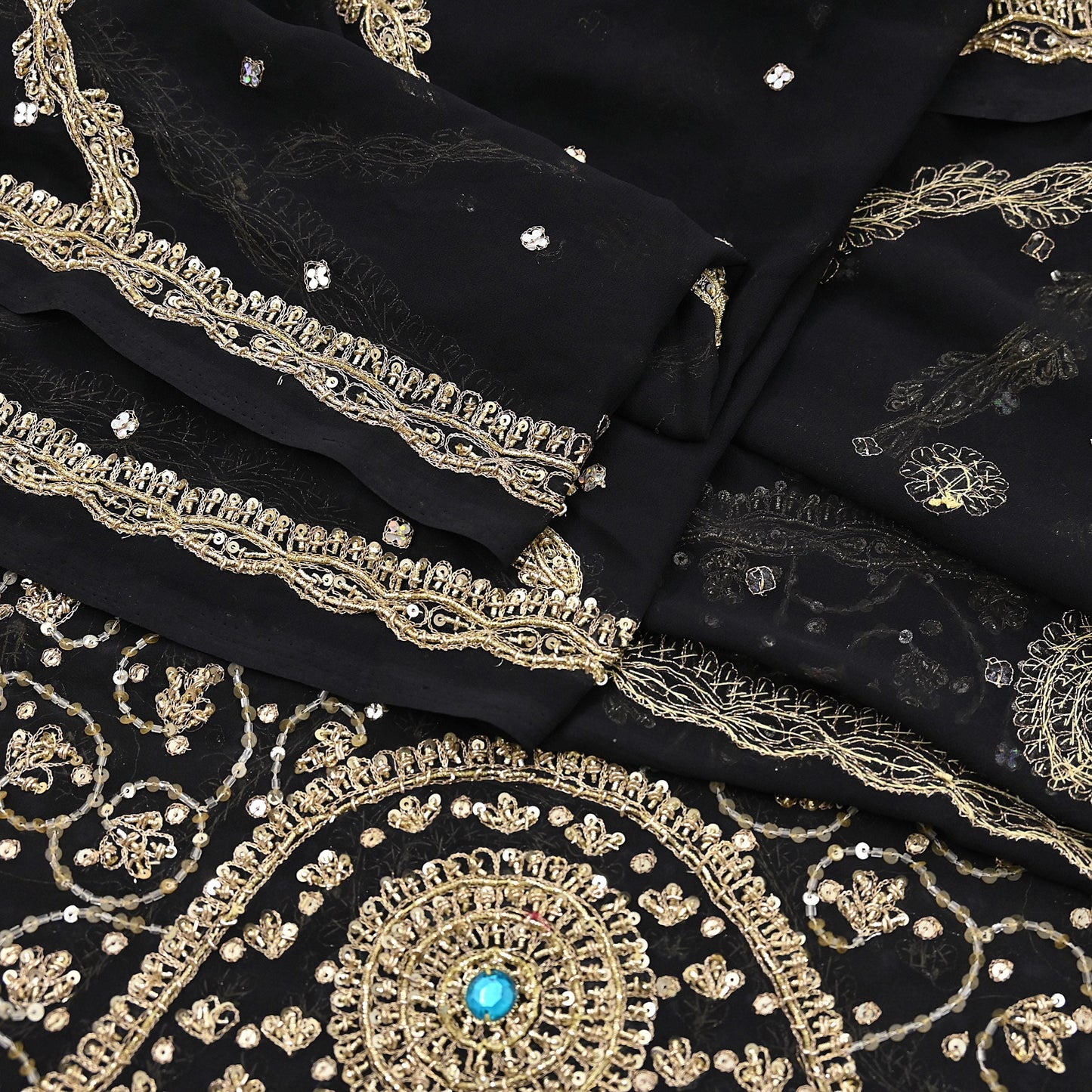 Indian Vintage Heavy Bridal Black Dupatta Pure Georgette Silk Long Stole Hand Embroidered Scarf Zardozi/Dabka Wedding red Hijab veil
