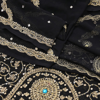 Indian Vintage Heavy Bridal Black Dupatta Pure Georgette Silk Long Stole Hand Embroidered Scarf Zardozi/Dabka Wedding red Hijab veil