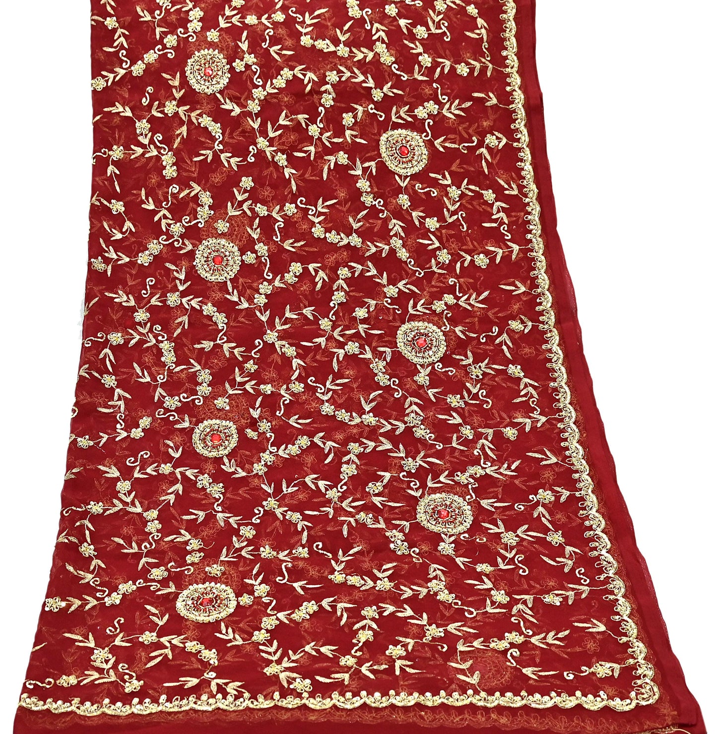 Indian Vintage Heavy Bridal Tomato Red Dupatta Pure Georgette Silk Long Stole Hand Embroidered Scarf Zardozi/Dabka Wedding red Hijab veil