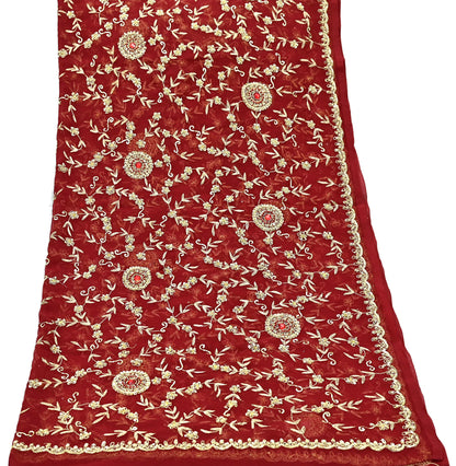 Indian Vintage Heavy Bridal Tomato Red Dupatta Pure Georgette Silk Long Stole Hand Embroidered Scarf Zardozi/Dabka Wedding red Hijab veil