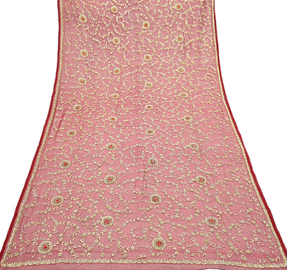 Indian Vintage Heavy Bridal Tomato Red Dupatta Pure Georgette Silk Long Stole Hand Embroidered Scarf Zardozi/Dabka Wedding red Hijab veil