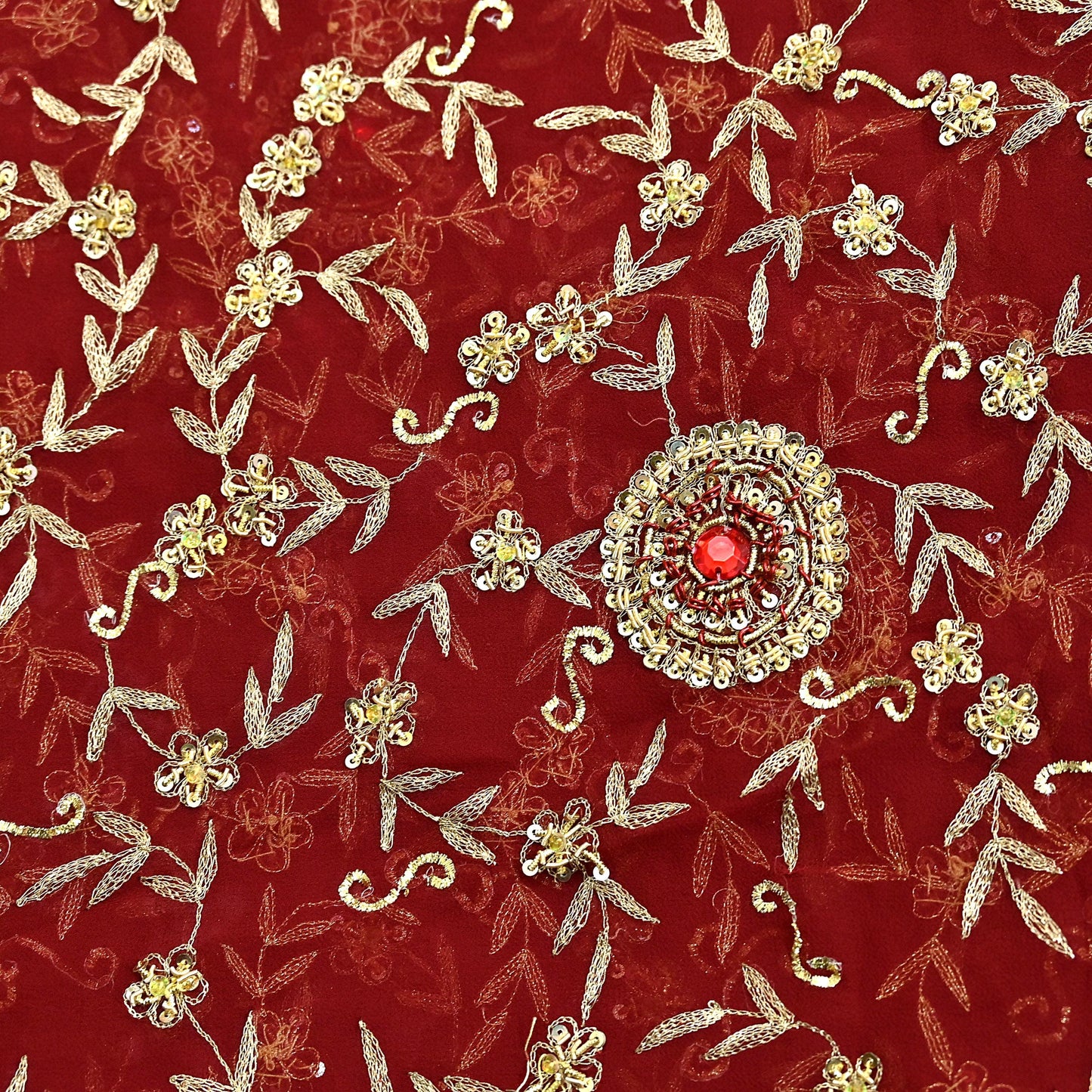 Indian Vintage Heavy Bridal Tomato Red Dupatta Pure Georgette Silk Long Stole Hand Embroidered Scarf Zardozi/Dabka Wedding red Hijab veil
