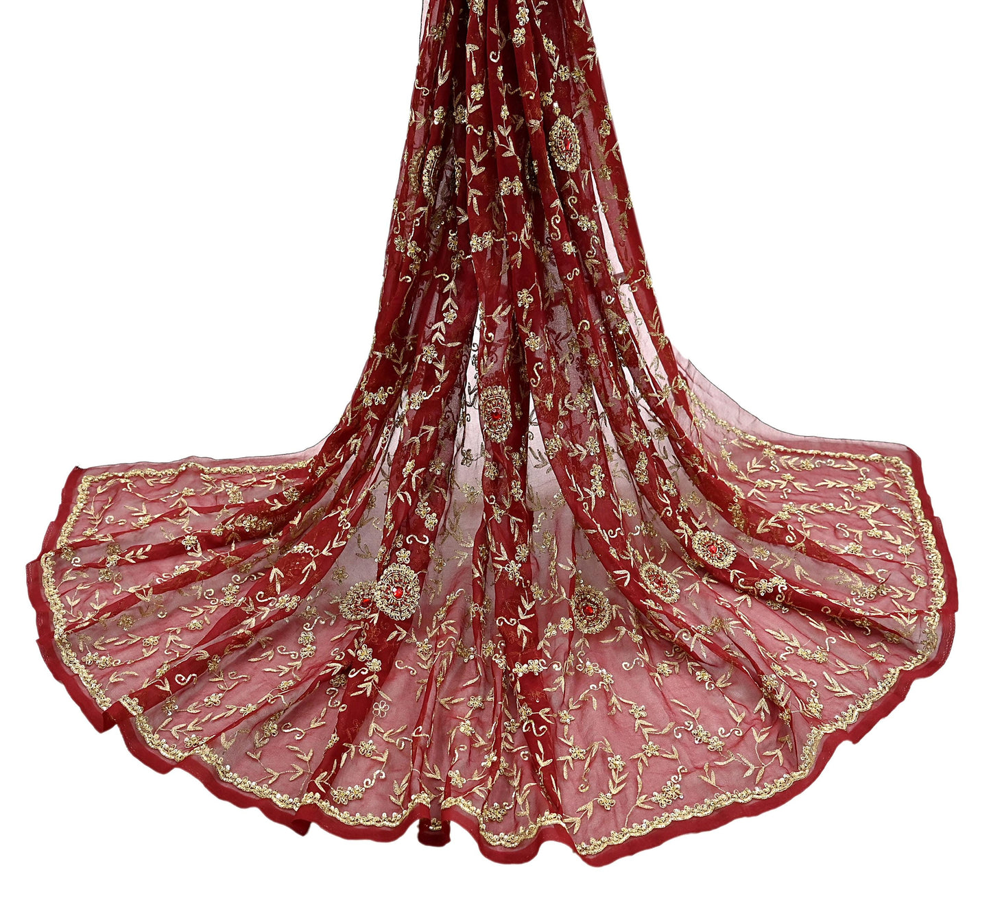 Indian Vintage Heavy Bridal Tomato Red Dupatta Pure Georgette Silk Long Stole Hand Embroidered Scarf Zardozi/Dabka Wedding red Hijab veil