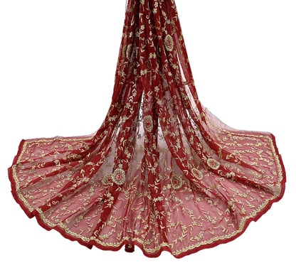 Indian Vintage Heavy Bridal Tomato Red Dupatta Pure Georgette Silk Long Stole Hand Embroidered Scarf Zardozi/Dabka Wedding red Hijab veil