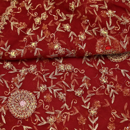 Indian Vintage Heavy Bridal Tomato Red Dupatta Pure Georgette Silk Long Stole Hand Embroidered Scarf Zardozi/Dabka Wedding red Hijab veil