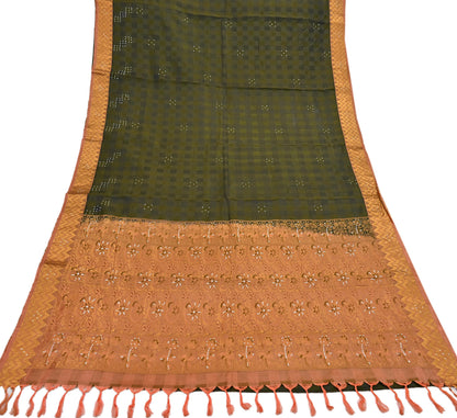 Vintage Kanjivaram Silk Saree Peach & Green Pure Silk Zari Fabric Indian Handwoven 5Yd Craft Material Dressmaking Textile