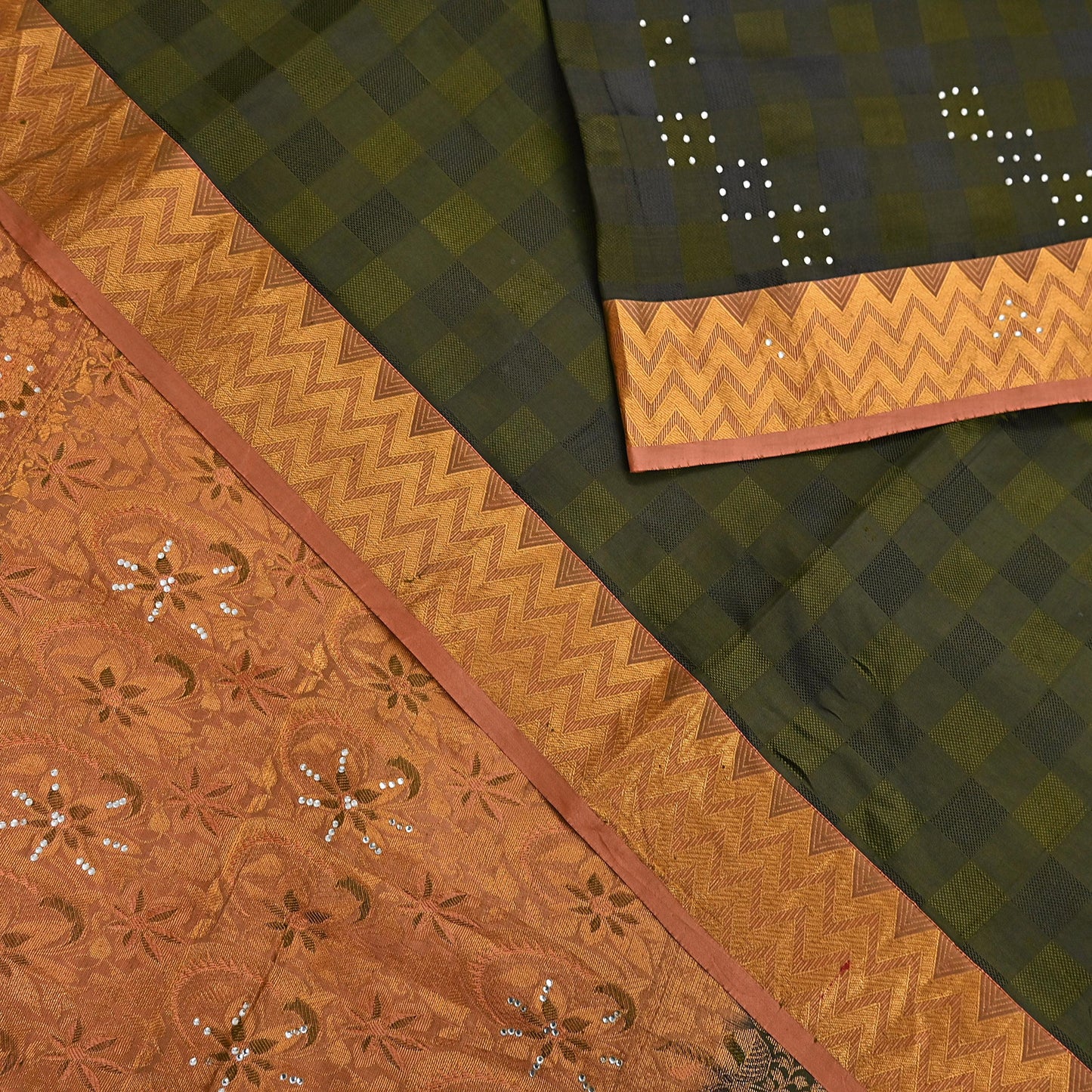 Vintage Kanjivaram Silk Saree Peach & Green Pure Silk Zari Fabric Indian Handwoven 5Yd Craft Material Dressmaking Textile