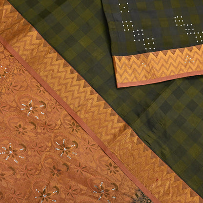 Vintage Kanjivaram Silk Saree Peach & Green Pure Silk Zari Fabric Indian Handwoven 5Yd Craft Material Dressmaking Textile