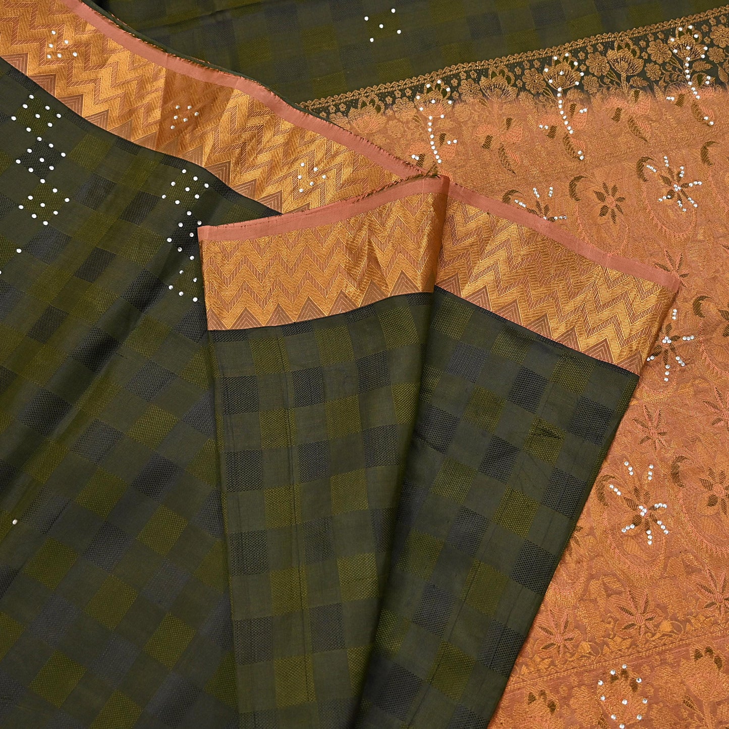 Vintage Kanjivaram Silk Saree Peach & Green Pure Silk Zari Fabric Indian Handwoven 5Yd Craft Material Dressmaking Textile