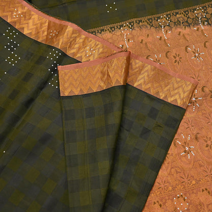 Vintage Kanjivaram Silk Saree Peach & Green Pure Silk Zari Fabric Indian Handwoven 5Yd Craft Material Dressmaking Textile