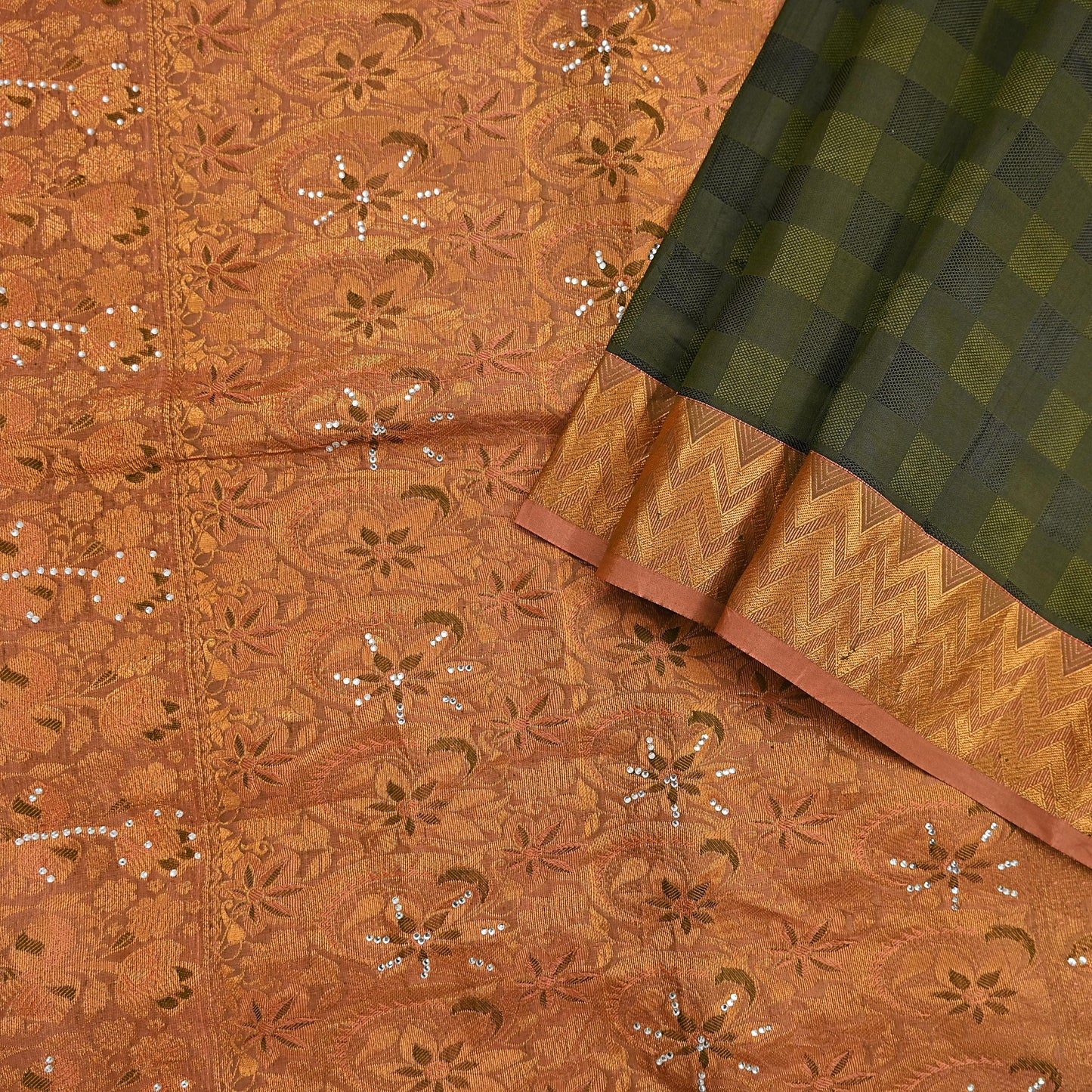 Vintage Kanjivaram Silk Saree Peach & Green Pure Silk Zari Fabric Indian Handwoven 5Yd Craft Material Dressmaking Textile