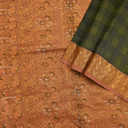 Vintage Kanjivaram Silk Saree Peach & Green Pure Silk Zari Fabric Indian Handwoven 5Yd Craft Material Dressmaking Textile
