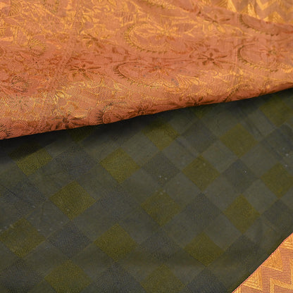 Vintage Kanjivaram Silk Saree Peach & Green Pure Silk Zari Fabric Indian Handwoven 5Yd Craft Material Dressmaking Textile