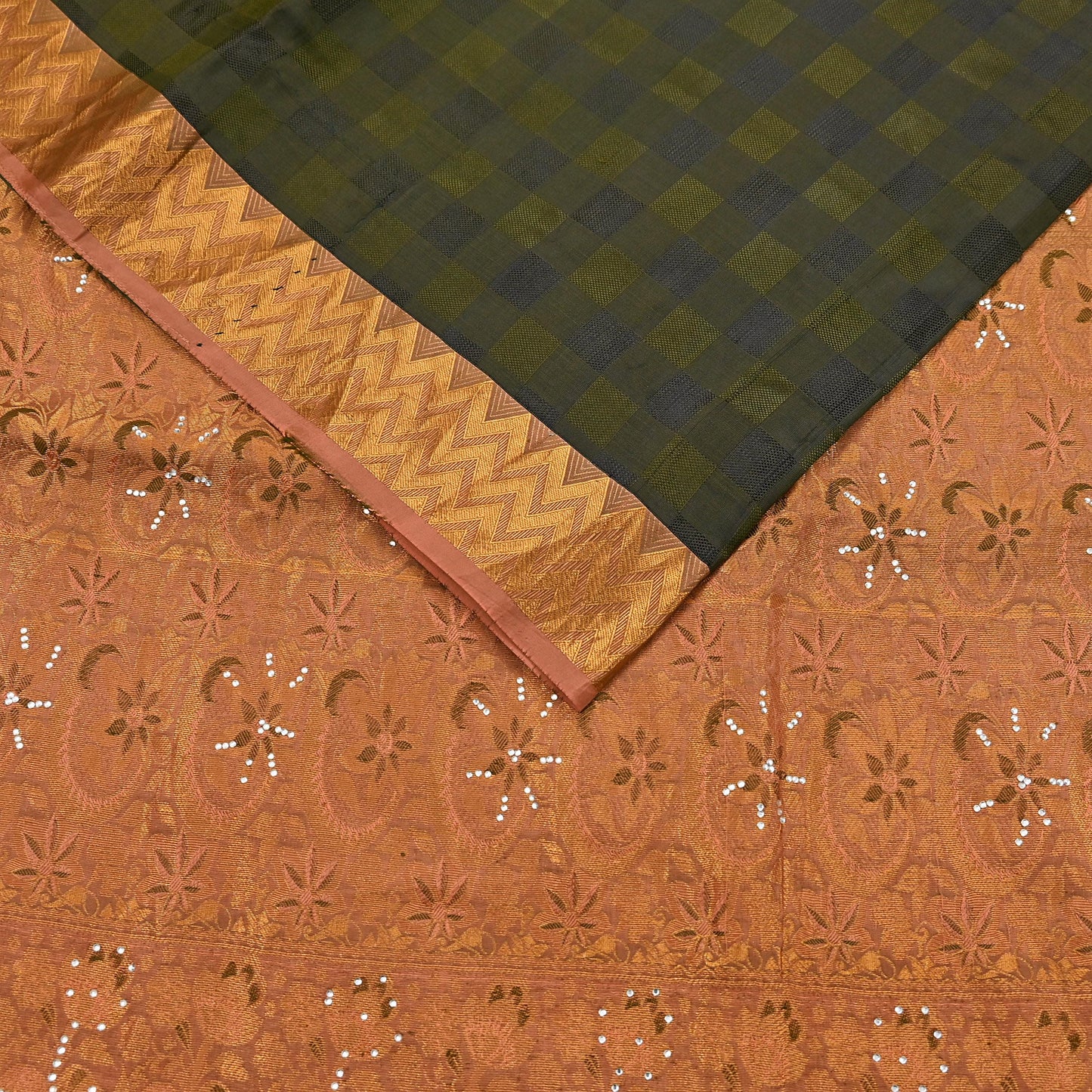 Vintage Kanjivaram Silk Saree Peach & Green Pure Silk Zari Fabric Indian Handwoven 5Yd Craft Material Dressmaking Textile