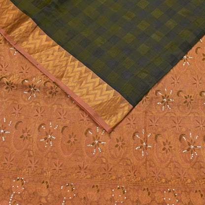 Vintage Kanjivaram Silk Saree Peach & Green Pure Silk Zari Fabric Indian Handwoven 5Yd Craft Material Dressmaking Textile