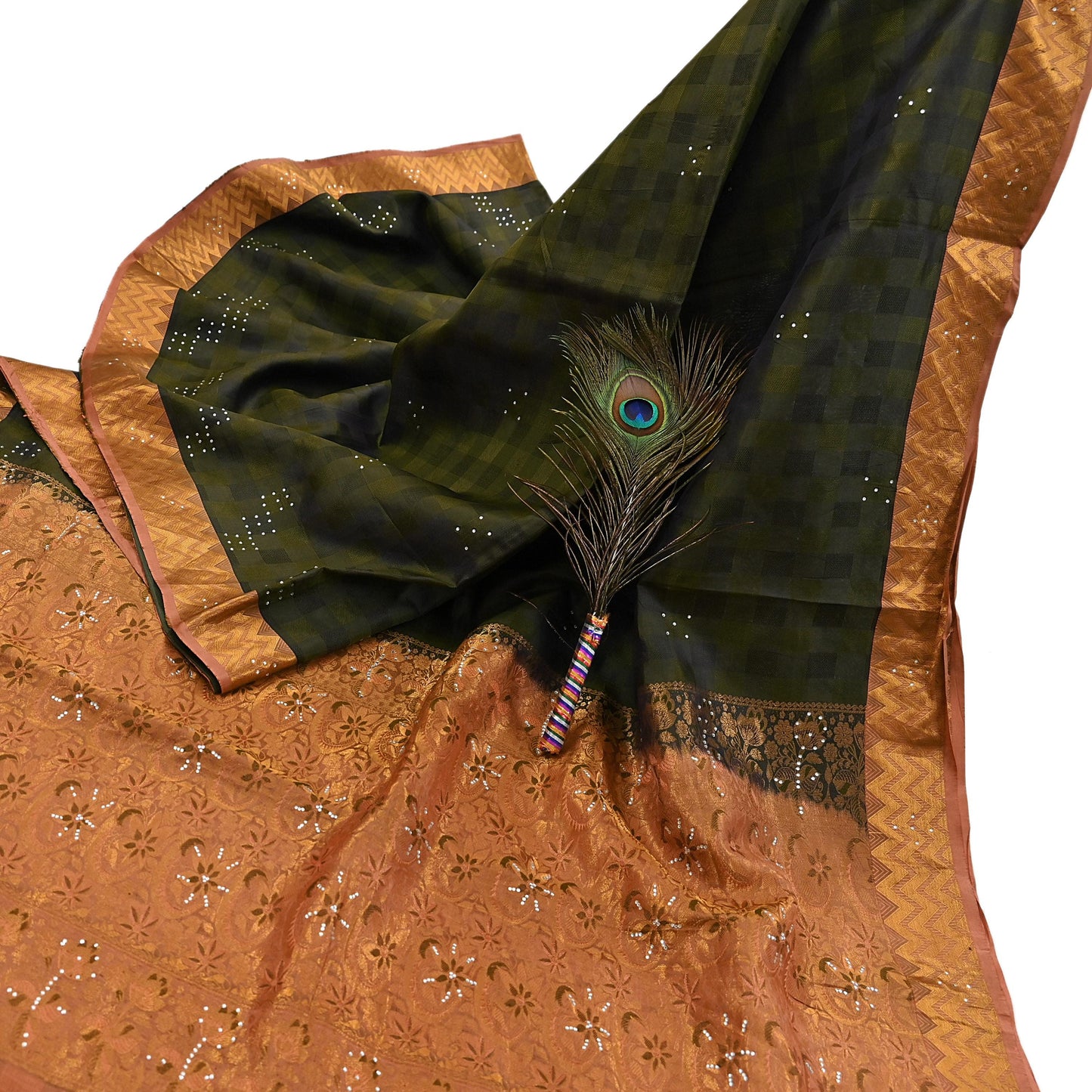 Vintage Kanjivaram Silk Saree Peach & Green Pure Silk Zari Fabric Indian Handwoven 5Yd Craft Material Dressmaking Textile