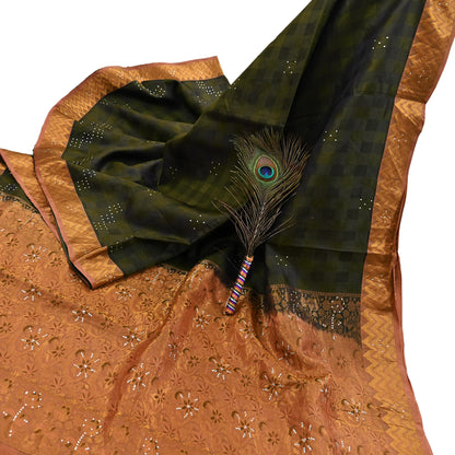Vintage Kanjivaram Silk Saree Peach & Green Pure Silk Zari Fabric Indian Handwoven 5Yd Craft Material Dressmaking Textile