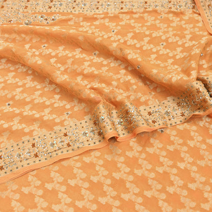 Indian Vintage Heavy Saffron Saree Georgette Hand Embroidered Sari Craft Fabric 6Yd Sewing Soft Ethnic Zari Dress Making wedding Sari