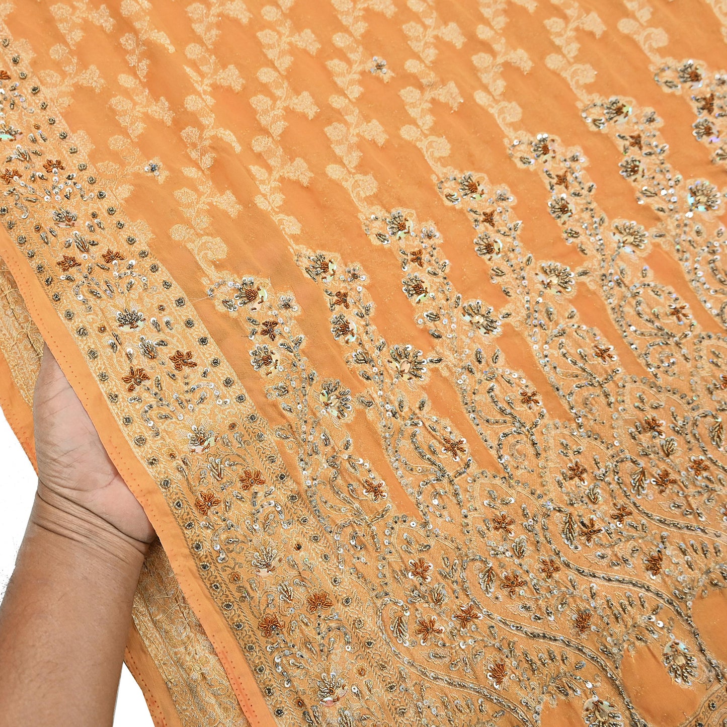 Indian Vintage Heavy Saffron Saree Georgette Hand Embroidered Sari Craft Fabric 6Yd Sewing Soft Ethnic Zari Dress Making wedding Sari
