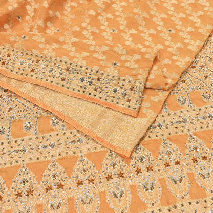Indian Vintage Heavy Saffron Saree Georgette Hand Embroidered Sari Craft Fabric 6Yd Sewing Soft Ethnic Zari Dress Making wedding Sari