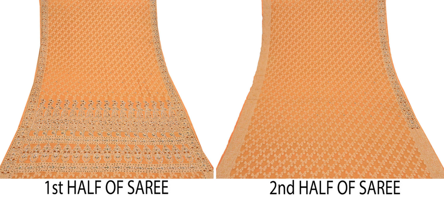 Indian Vintage Heavy Saffron Saree Georgette Hand Embroidered Sari Craft Fabric 6Yd Sewing Soft Ethnic Zari Dress Making wedding Sari