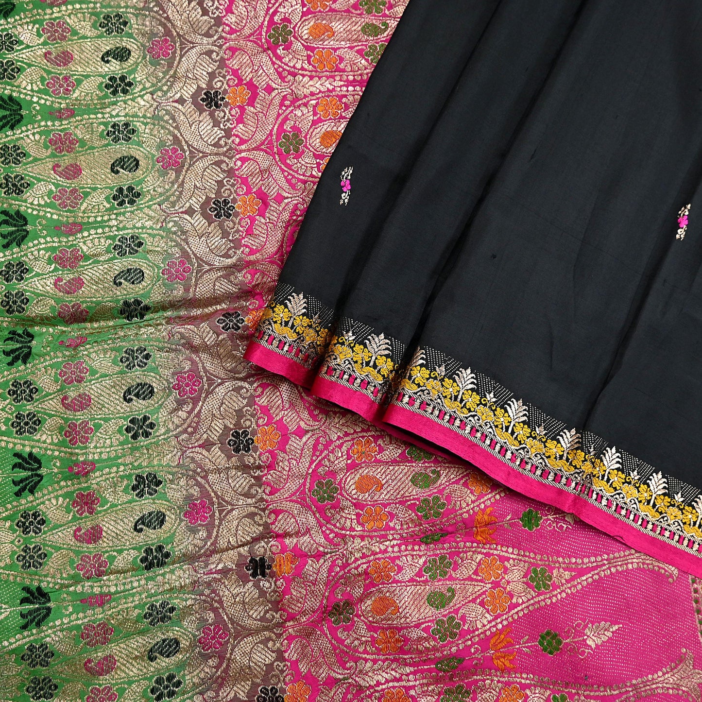 Indian Vintage Sari Green & Pink Hand Woven Sarees 100% Pure Silk Zari 5Yd Craft Fabric Sewing Dress making Quilting Crafting