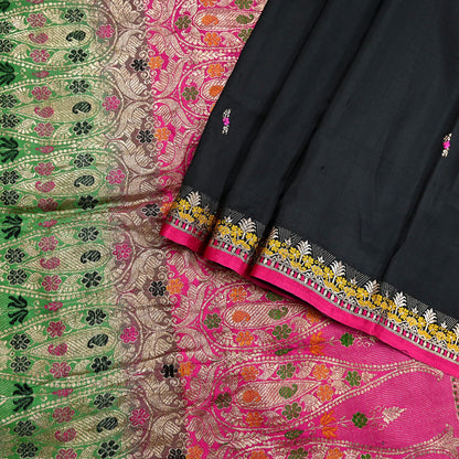 Indian Vintage Sari Green & Pink Hand Woven Sarees 100% Pure Silk Zari 5Yd Craft Fabric Sewing Dress making Quilting Crafting