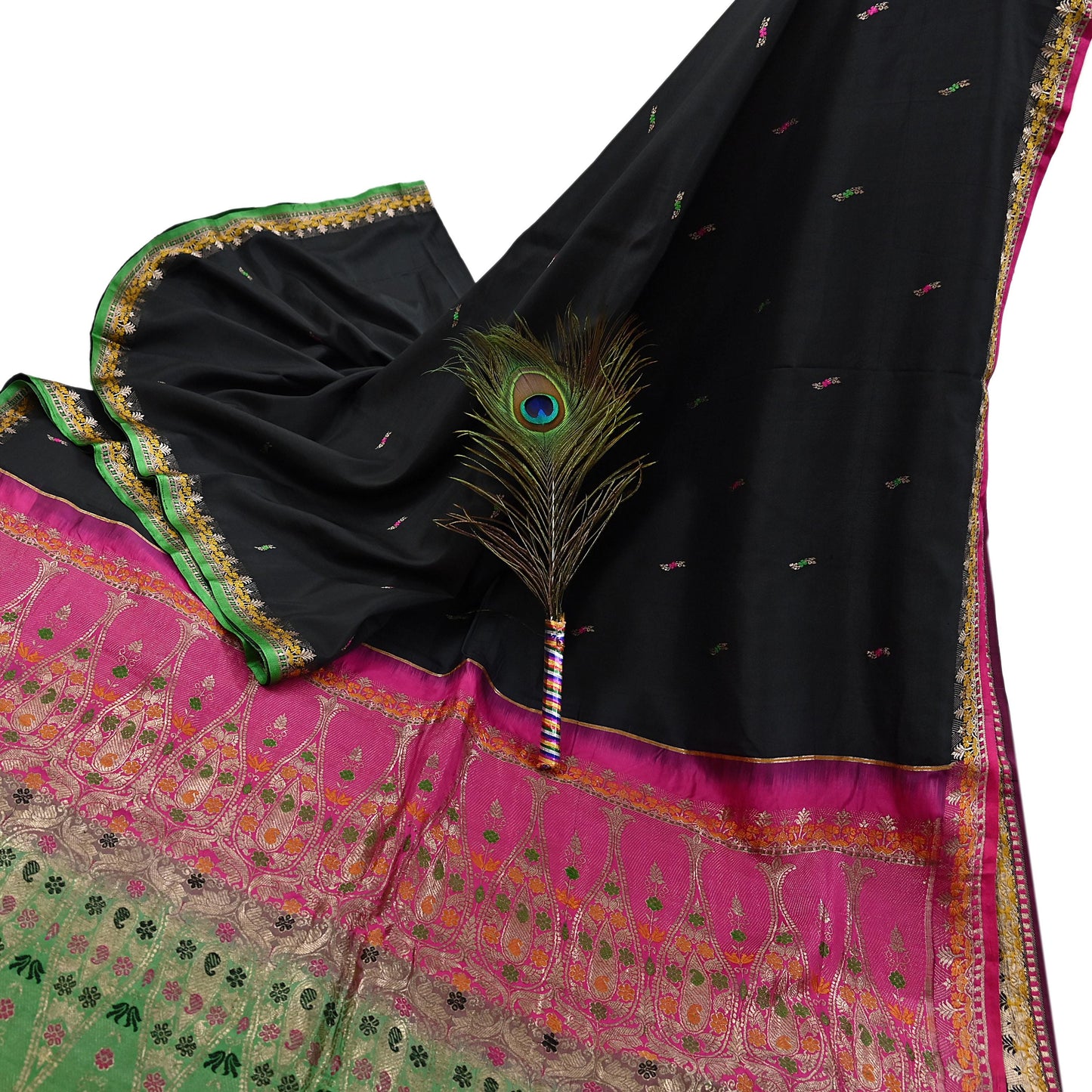 Indian Vintage Sari Green & Pink Hand Woven Sarees 100% Pure Silk Zari 5Yd Craft Fabric Sewing Dress making Quilting Crafting
