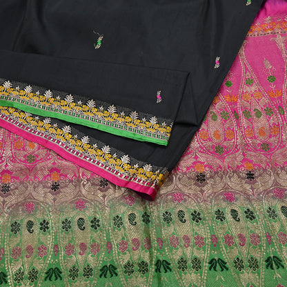 Indian Vintage Sari Green & Pink Hand Woven Sarees 100% Pure Silk Zari 5Yd Craft Fabric Sewing Dress making Quilting Crafting