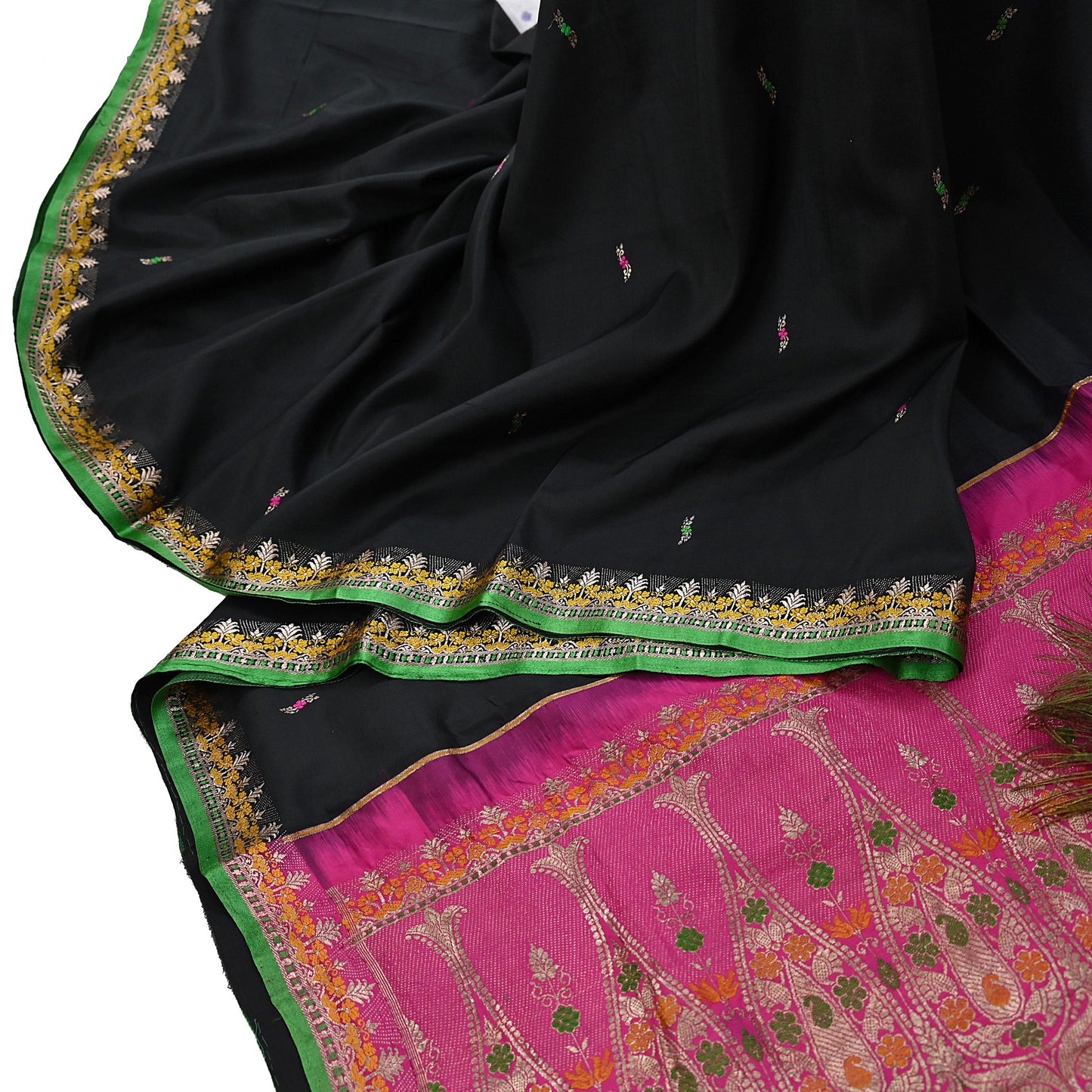 Indian Vintage Sari Green & Pink Hand Woven Sarees 100% Pure Silk Zari 5Yd Craft Fabric Sewing Dress making Quilting Crafting