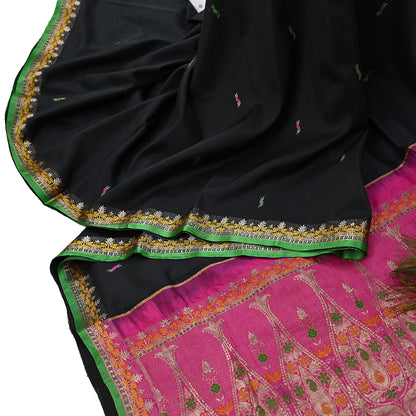 Indian Vintage Sari Green & Pink Hand Woven Sarees 100% Pure Silk Zari 5Yd Craft Fabric Sewing Dress making Quilting Crafting