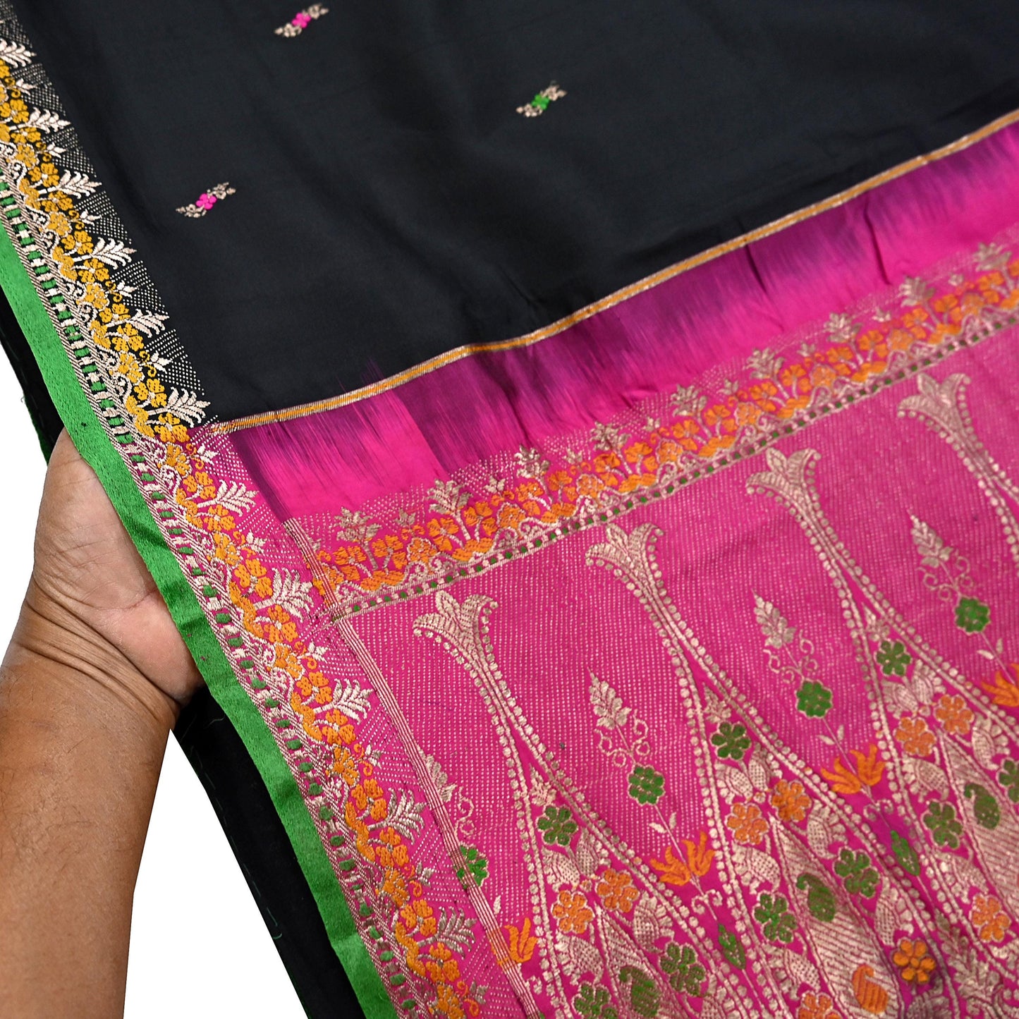 Indian Vintage Sari Green & Pink Hand Woven Sarees 100% Pure Silk Zari 5Yd Craft Fabric Sewing Dress making Quilting Crafting