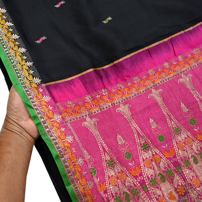 Indian Vintage Sari Green & Pink Hand Woven Sarees 100% Pure Silk Zari 5Yd Craft Fabric Sewing Dress making Quilting Crafting