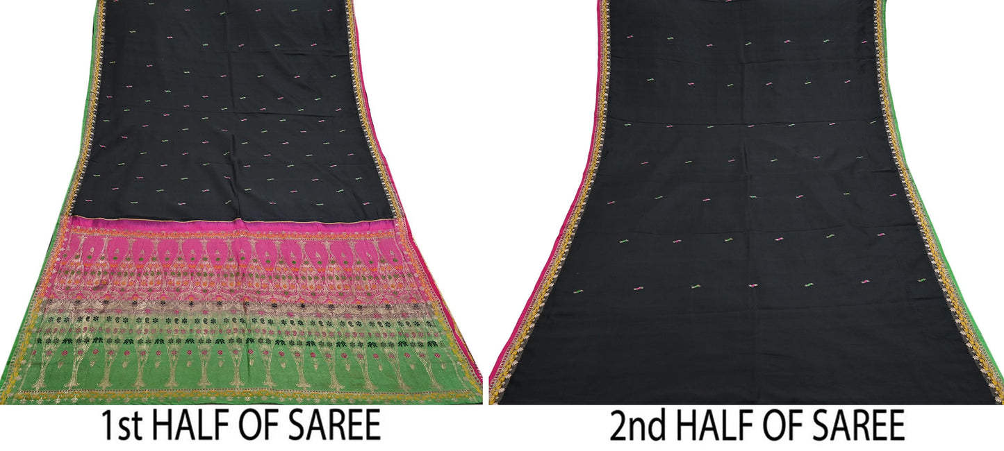 Indian Vintage Sari Green & Pink Hand Woven Sarees 100% Pure Silk Zari 5Yd Craft Fabric Sewing Dress making Quilting Crafting