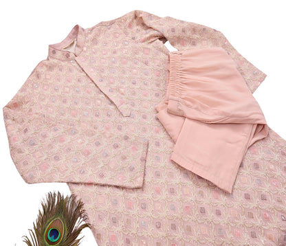 Vintage PInk & Georgette Sherwani Embroidered Mens Wedding Coat Indian Groom Outfit Bandhgala Royal Wear