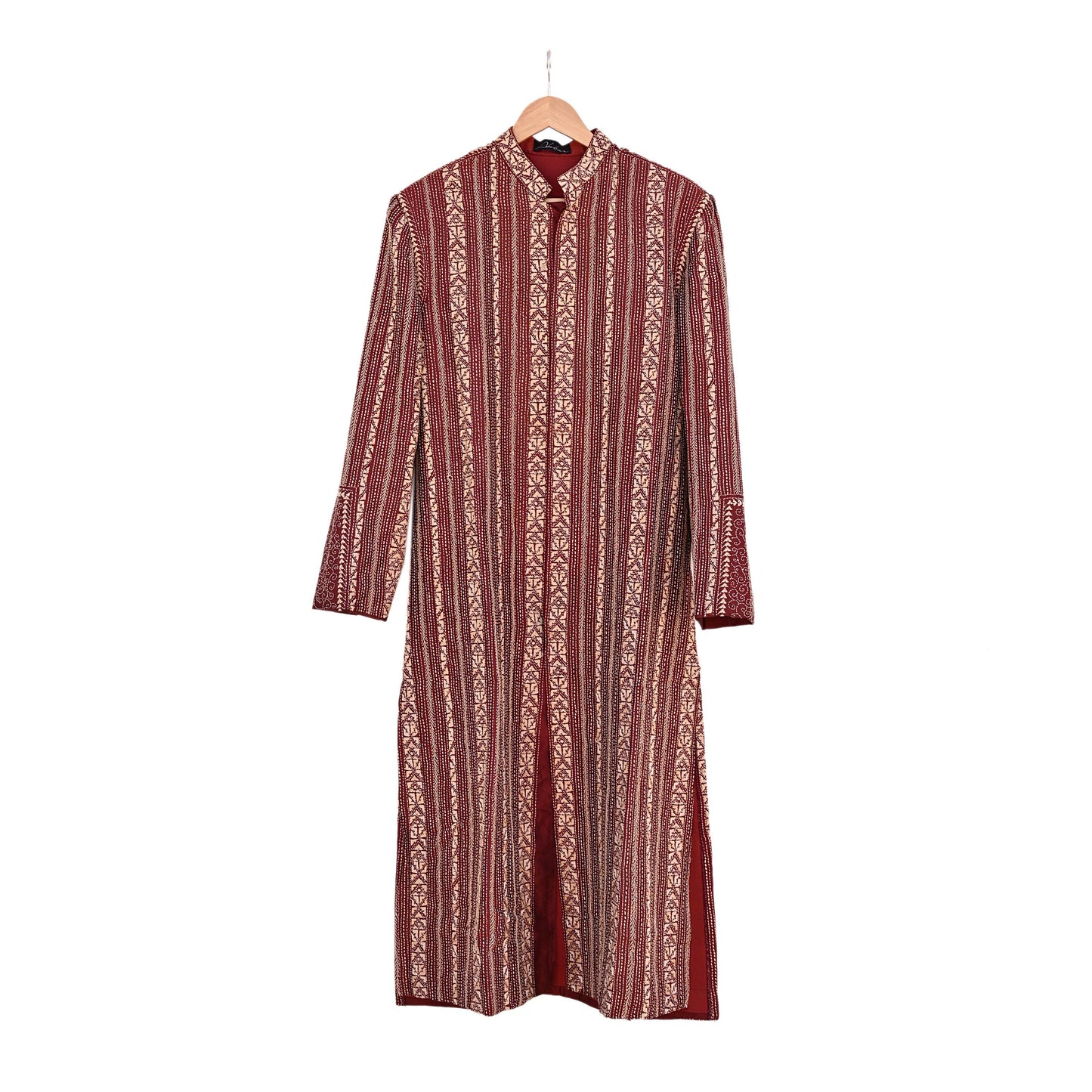 Vintage Kantha Silk Kurta Rusty Red Hand Embroidered Mens Indian Ethnic Kurta Boho Festival Long Kurta Dress
